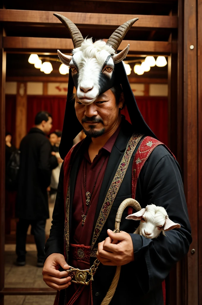 There is a man wearing a goat mask, 肥胖 Tear Satanic creature, Satan's Body, Villain wearing red ghost mask, Tear Satan, Ron DeSantis as Satan, Male demon with horns, Tom Waits as Hellboy, Full body devil, Covered with red mucus, Felix Englund Style