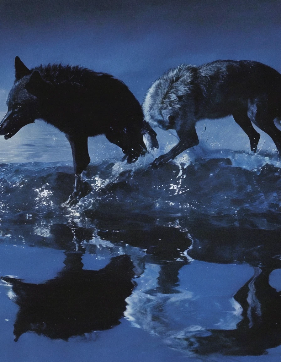 wolf in water, blue sunset background