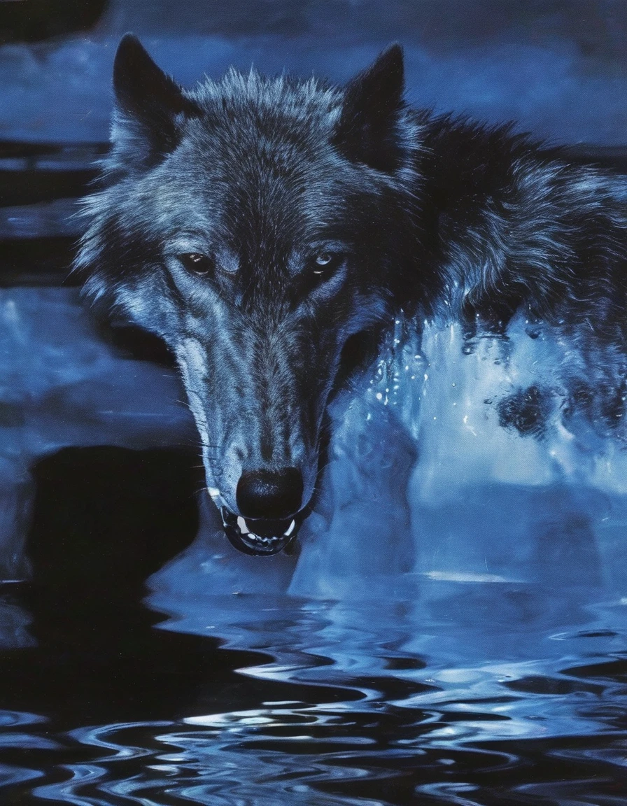 wolf in water, blue sunset background