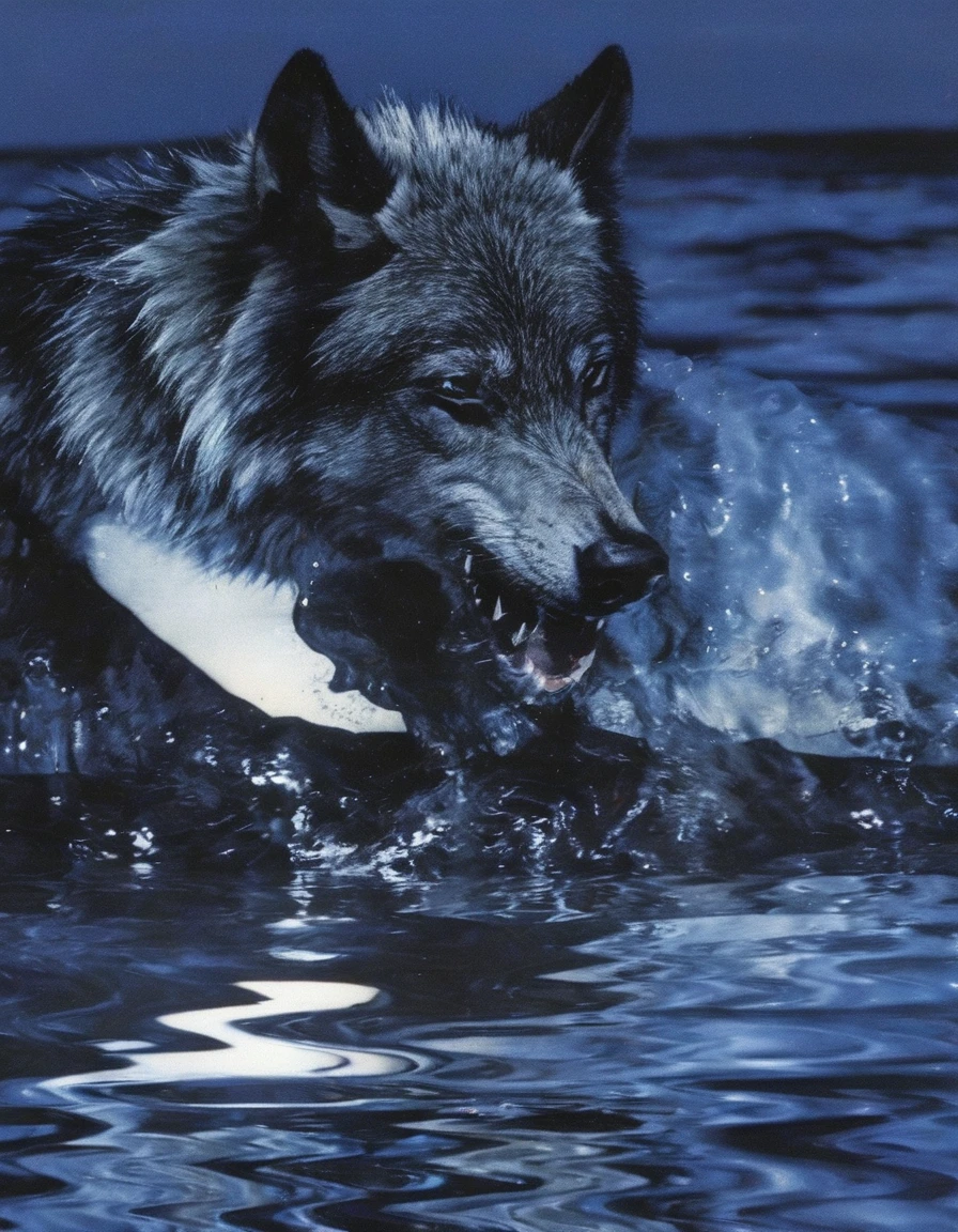 wolf in water, blue sunset background