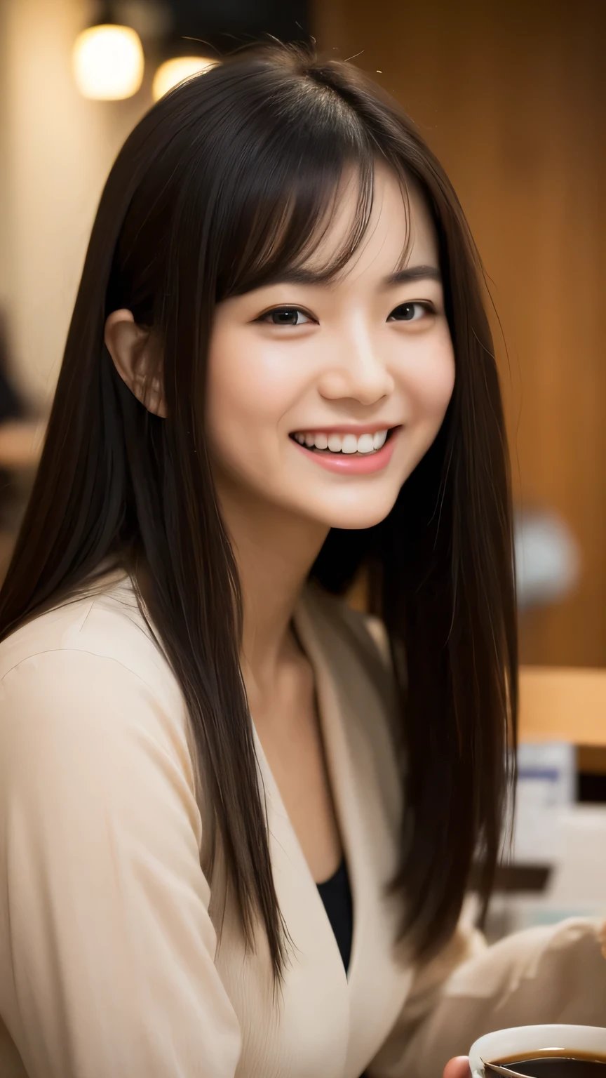 Asian woman looking at camera in coffee shop and smiling　Close-up, masterpiece, Highest quality, Raw photo, Photorealistic, Laughter, Beautiful girls, cute, Hair length, Depth of written boundary, High resolution, 超detailedな, detailed, extremely detailedd eye and face, Sharp pupils, Realistic students, Sharp focus, Cinema Lighting