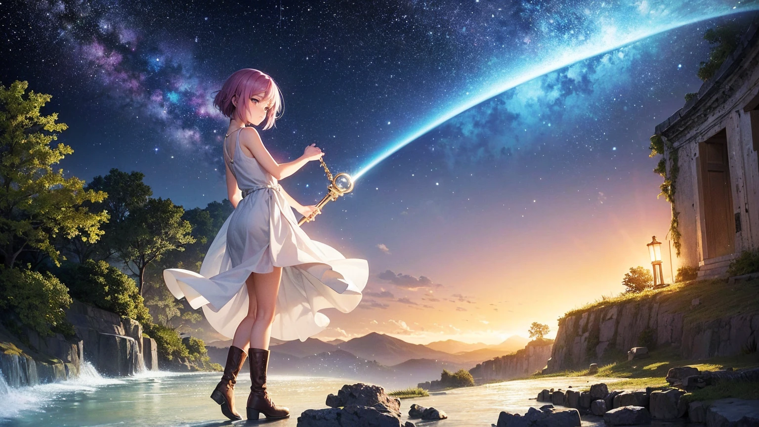 Create an anime-style illustration inspired by the song lyrics, depicting a cosmic journey and a quest for truth. The scene is set under a boundless night sky filled with countless stars, with a sense of infinite space. In the foreground, a young female protagonist with bright light blue short hair, dressed in a black tank top, loose blue jeans, and green sneakers, stands on a rocky outcrop. Her expression reflects determination and wonder as she gazes up at the star-filled sky. Beside her is another young woman with bright pink twin-tail hair, dressed in a long white dress and brown leather boots, holding a glowing ancient key, symbolizing the key to opening dimensional doors.
In the background, faint outlines of ancient ruins and a large, mystical doorway can be seen, hinting at hidden ancient wisdom. Ethereal light beams from the stars above illuminate their path, and fragments of memories are depicted as translucent, floating images around them.
The night sky is vibrant with hues of deep blues and purples, with a subtle aurora effect, creating a dreamlike atmosphere. The overall mood should convey a sense of adventure, cosmic mystery, and the eternal quest for truth, guided by the light of the stars.