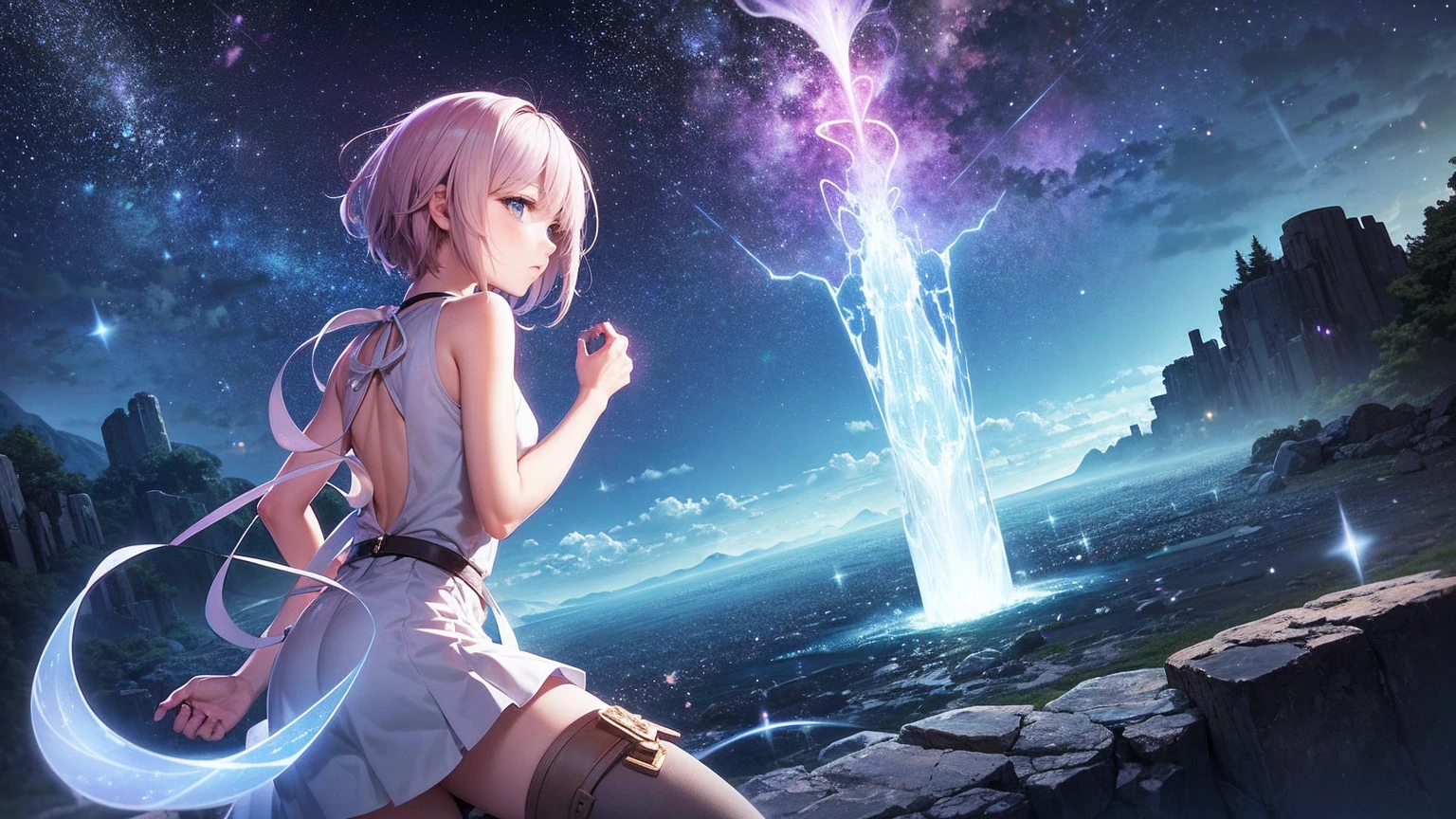 Create an anime-style illustration inspired by the song lyrics, depicting a cosmic journey and a quest for truth. The scene is set under a boundless night sky filled with countless stars, with a sense of infinite space. In the foreground, a young female protagonist with bright light blue short hair, dressed in a black tank top, loose blue jeans, and green sneakers, stands on a rocky outcrop. Her expression reflects determination and wonder as she gazes up at the star-filled sky. Beside her is another young woman with bright pink twin-tail hair, dressed in a long white dress and brown leather boots, holding a glowing ancient key, symbolizing the key to opening dimensional doors.

In the background, faint outlines of ancient ruins and a large, mystical doorway can be seen, hinting at hidden ancient wisdom. Ethereal light beams from the stars above illuminate their path, and fragments of memories are depicted as translucent, floating images around them.

The night sky is vibrant with hues of deep blues and purples, with a subtle aurora effect, creating a dreamlike atmosphere. The overall mood should convey a sense of adventure, cosmic mystery, and the eternal quest for truth, guided by the light of the stars.