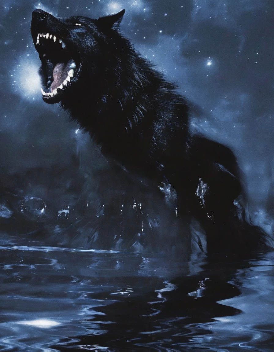 black wolf in water, stars background