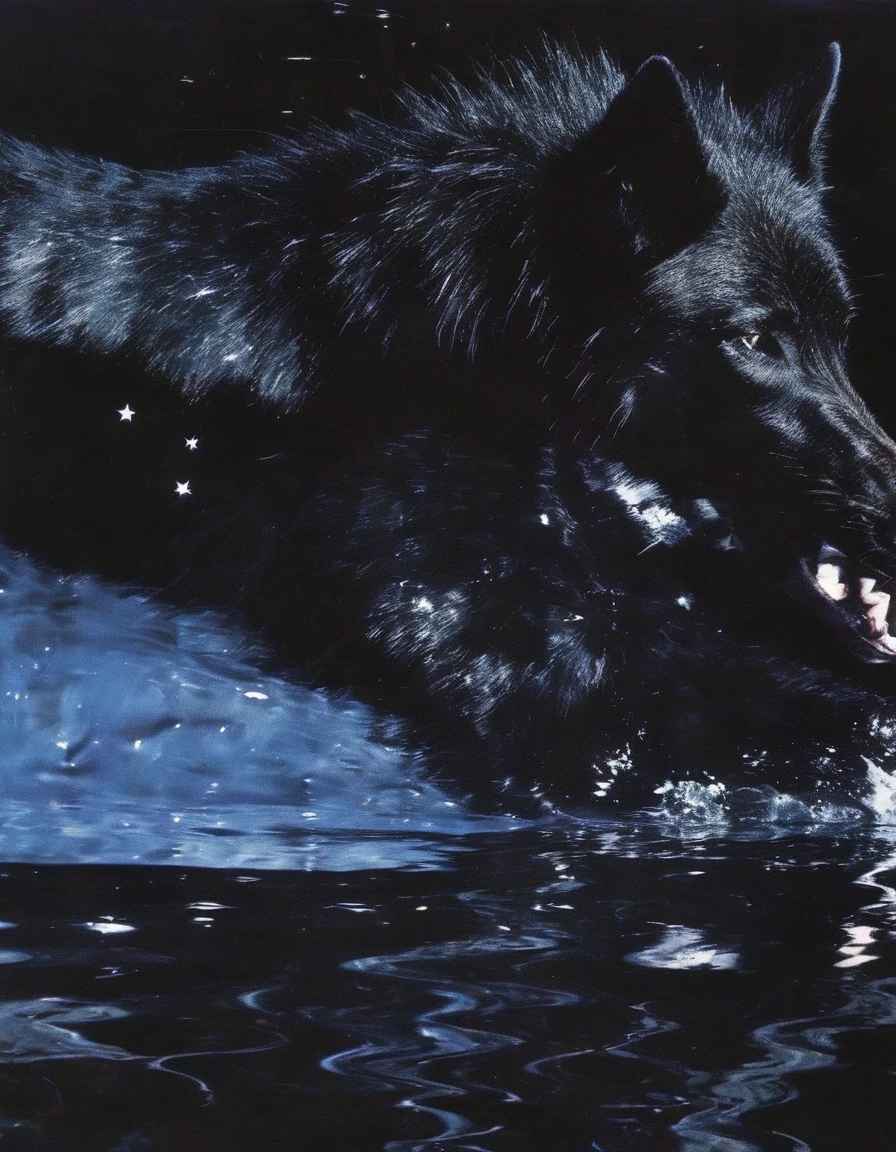 black wolf in water, stars background