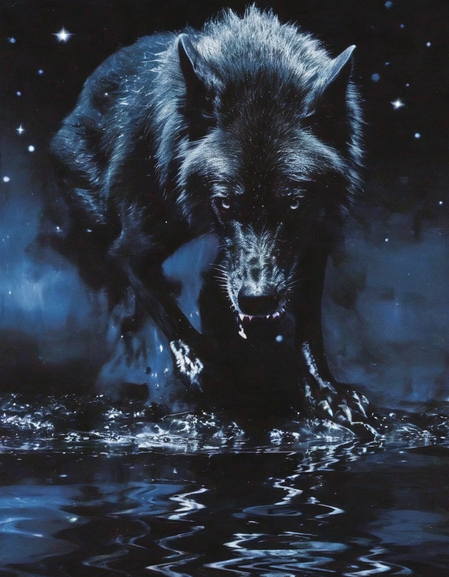 black wolf in water, stars background
