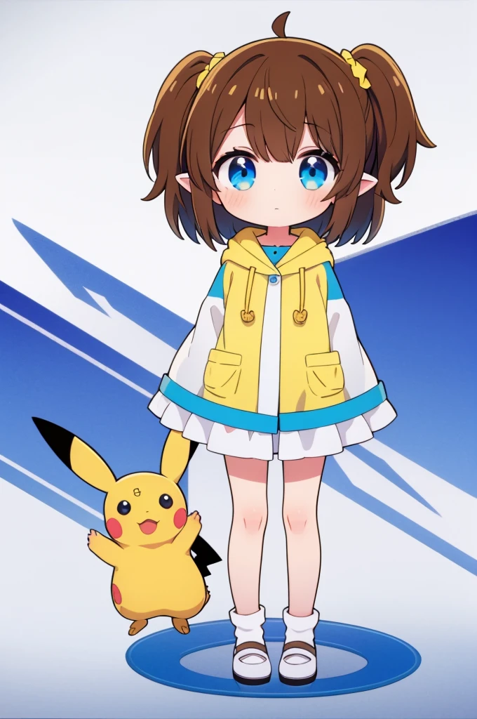 One girl,Little, Pikachu's ears,Brown Hair, short hair, Yellow poncho, blue eyes,whole body,Background Transparent