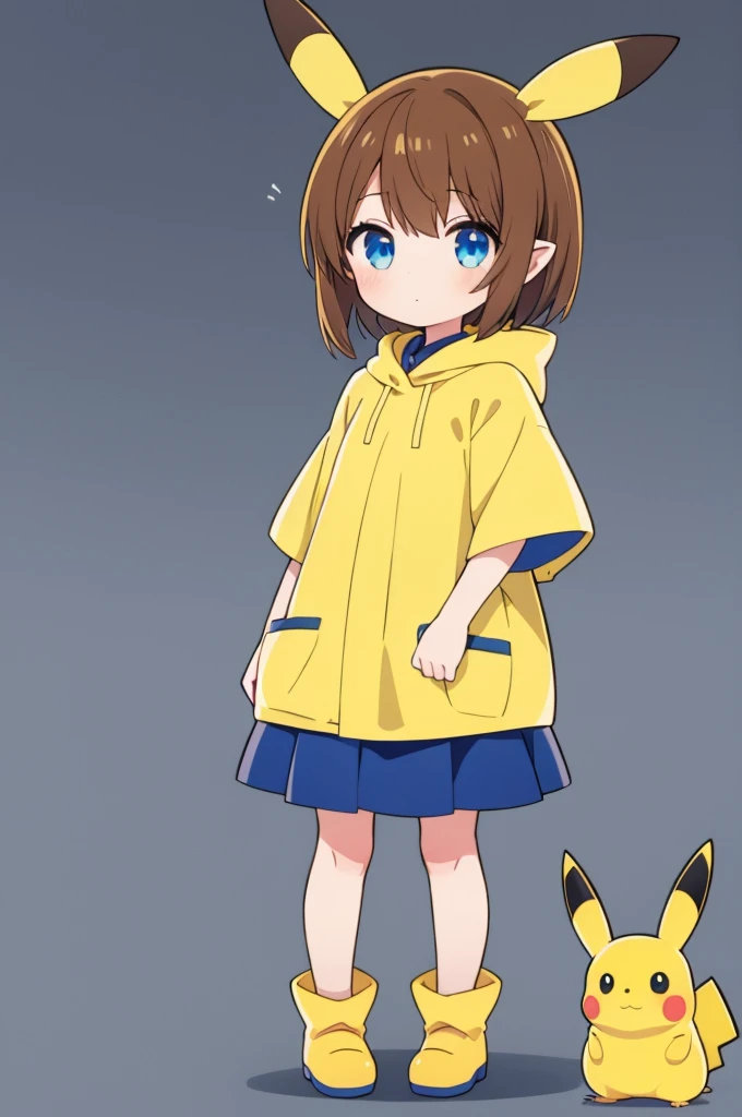 One girl,Little, Pikachu's ears,Brown Hair, short hair, Yellow poncho, blue eyes,whole body,Background Transparent