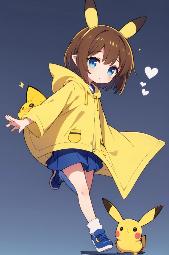 One girl,, Pikachu's ears,Brown Hair, short hair, Yellow poncho, blue eyes,whole body,Background Transparent