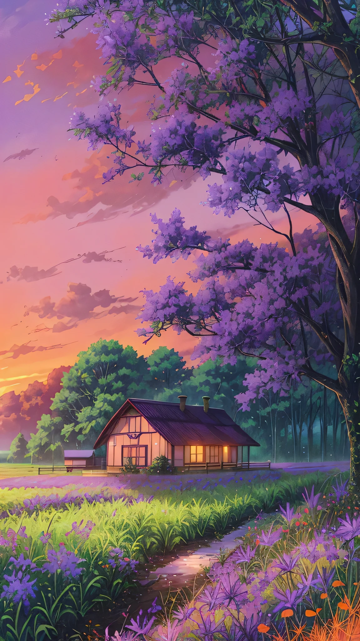 Farm land scenery filled with purple wild flowers, green trees and beautiful orange sky and bungalow with blue roof