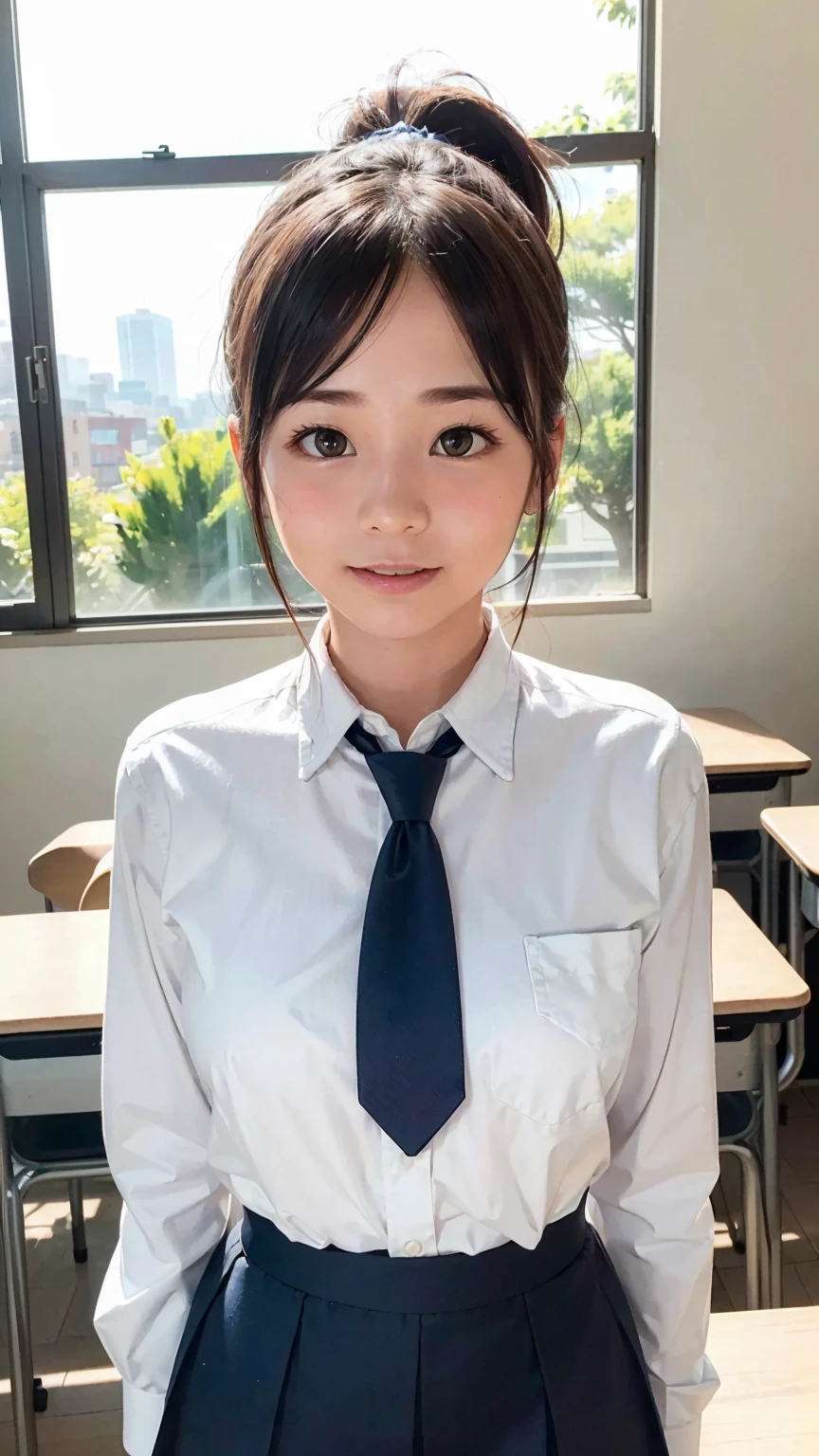 8K quality,(super masterpiece:1.3),Highest quality,Detailed Images,The real picture,Natural lighting,symmetrical beauty,1 female,Japanese,20-year-old,(微smile,smile,smile),Hairstyle(Medium Hair,Curly Hair,ponytail),(very cute:1.3),Thick eyebrows,(Double:1.2),(Realistic eyes:1.1),clothing(White shirt,tie,,uniform,skirt,tights),(The background is school,classroom),(Face directly towards the camera,Looking directly at the viewer,looking at the camera,The body faces the viewer,The body is facing the direction of the camera,Face looking straight into the camera).