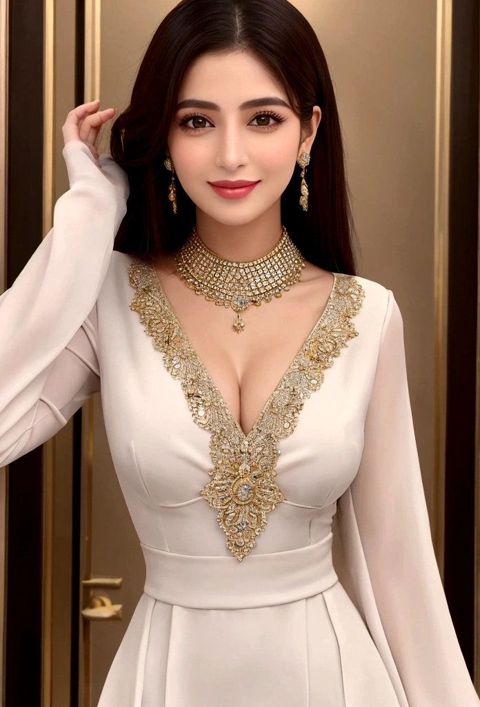best quality，masterpiece，high resolution，HD，super clear face，a beauty，wealthy wife，90 years old，beauty makeup，High-end designer sexy low-cut clothing，standing，attend tea ，Dignified and elegant temperament，breast enlargement，Beautiful hairstyle，There are various crystal diamonds on the clothes，Sexy pose