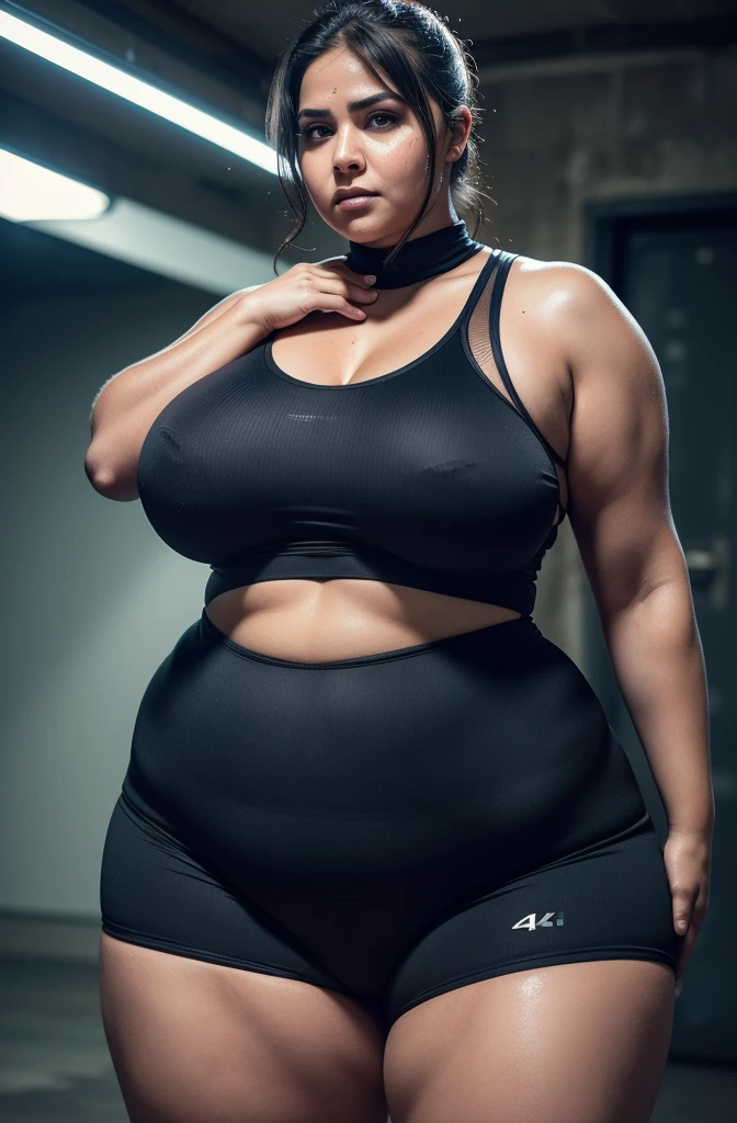 Chubby superheroine, Waist slender, athletics, sweat, (sweaty body), expression of weakness, humida, (best qualityer, 4K, 8K, high resolution, Masterpiece artwork:1.2), super verbose, (practical, fotopractical, foto-practical: 1.37), He's standing ????????????????, tired pose Vibrant colors, dynamic lighting , (face detailed), (thick lips), ((intense red lipstick)), comic style. Supergirl、(long red leather boots), ((blue and red strapless leotard)), (((Very painful expression))), (??????? huge), (Thick thighs:1.2), (full body:1.5), (body shot:1.5)