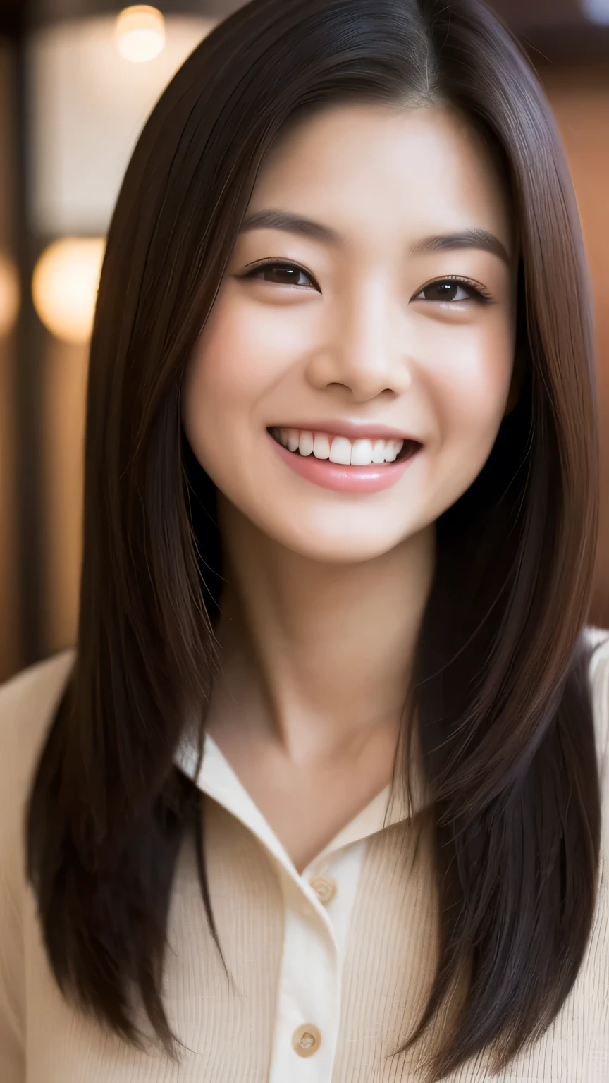 Asian woman looking at camera in coffee shop and smiling Close-up, masterpiece, Highest quality, Raw photo, Photorealistic, Laughter, Beautiful girls, cute, Hair length, Depth of written boundary, High resolution, 超detailedな, detailed, extremely detailedd eye and face, Sharp pupils, Realistic students, Sharp focus, Cinema Lighting