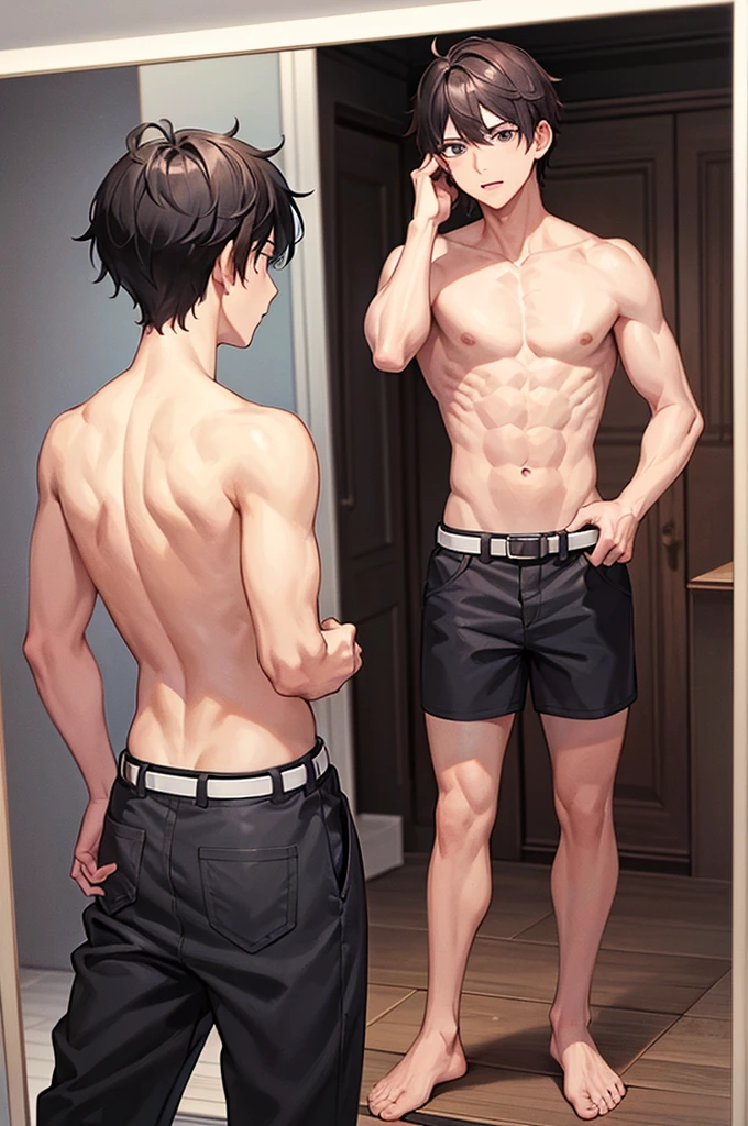 high quality , male focus , 1 chico , shirtless , looking in the mirror , showing the back , Fujimaru , pants , belt , room 