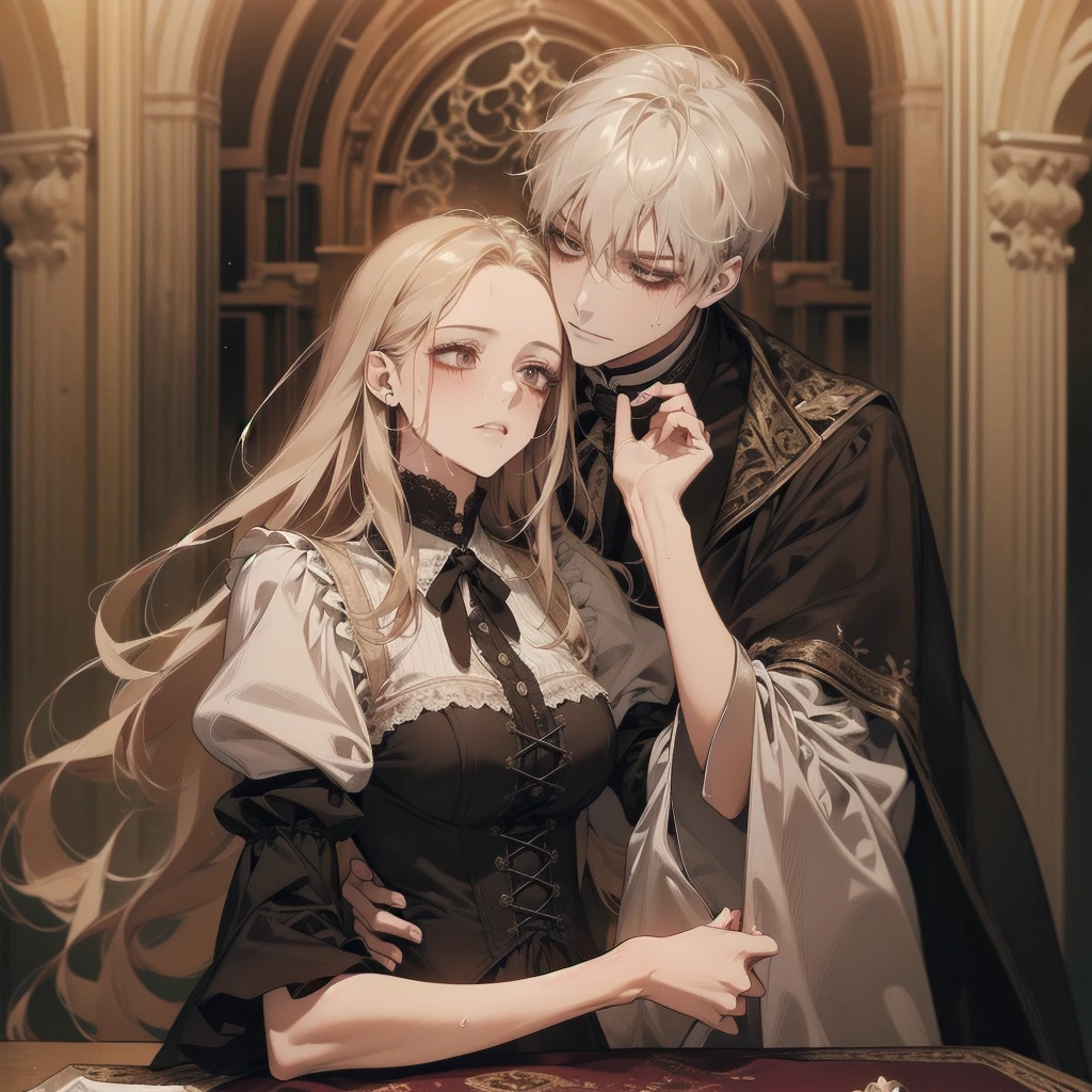 Couple, 1 girl 1 boy, different hair color, long black bang hair and purple eyes, short blonde hair and green eyes, romance, sit on the laps, face to face. elegant long dress