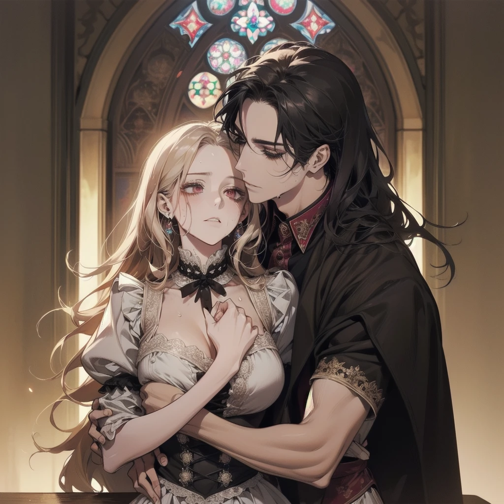 Always detailed face, Perfect lighting, Extremely detailed CG, (Perfect hands, Perfect Anatomy),Very detailed, Long Hair Straight Hair、Dark Gothic Makeup、Dark smile、Restless Palace、Expression of sexual arousal、The beauty of fragrance、22 years old、liar、charm、Embarrassed look、Dark Gothic、Maid clothes、Bell Sleeves、Wizard Sleeve、Obscene language、Stained Glass Background、Tabletop、Highest quality、Sweat glistens on my chest、Drunk face、Maid clothes不思議な、Noble、Gothic Fashion、The body is wet and shiny、I'm sweating a lot、Large Breast Size、Loving smile、Twin tail hair、Platinum Blonde Hair、Jet black frill skirt、Shadow、Gothic bed covered with roses、Transcendental Enchantment is temporarily disabled、A pause in crawling、charm的な脚、Knee-high socks、Thigh-high socks、lace trim bra, lace trim panties, Pink Lingerie, Lace-trimmed legwear, Black lace, Side tie panties, satin panties, garter belt, Good elevator, The whole body is covered in oil and has a glossy appearance. Steam is coming out of my whole body Steam like a sauna room fills the screen.. White breath from the mouth