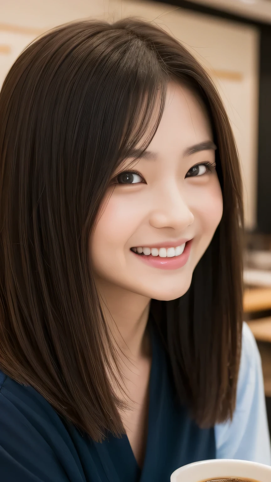 Asian woman looking at camera in coffee shop and smiling Close-up, masterpiece, Highest quality, Raw photo, Photorealistic, Laughter, Beautiful girls, cute, Hair length, Depth of written boundary, High resolution, 超detailedな, detailed, extremely detailedd eye and face, Sharp pupils, Realistic students, Sharp focus, Cinema Lighting