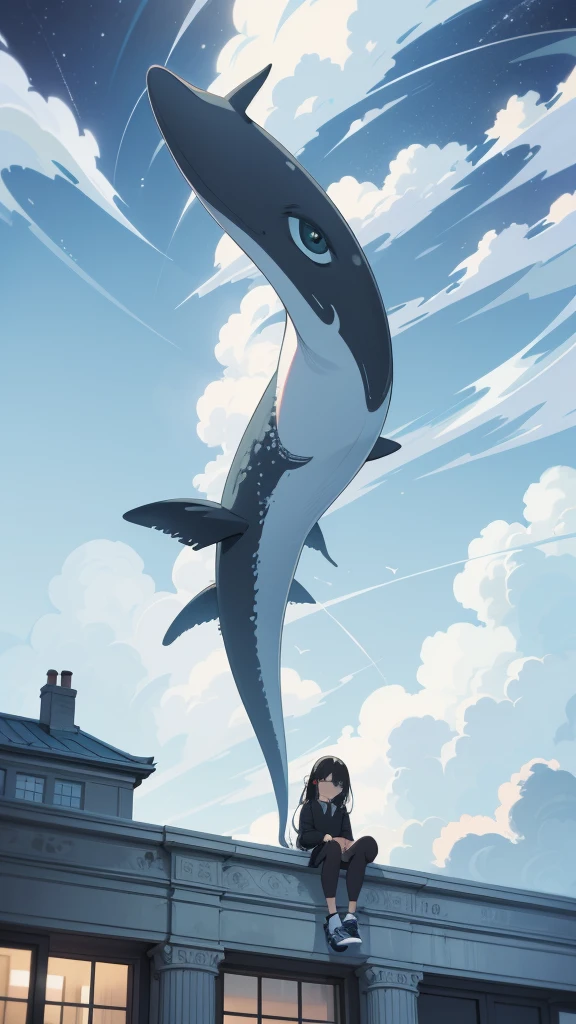 masterpiece, Exquisite detail,Highest quality, One girl, alone, handrail, cloud, Looking up at the buildings,Long Hair, NULL, Long sleeve, Power lines, White footwear, Black Hair, View your viewers, Electric pole, bangs, cloudy NULL, fish, bird, Green Eyes, Shorts, Day, Black Shirt, barefoot,Whale flying in the sky,Giant whale,night,star,milky way,night,Pitch black,Buildings,Sitting