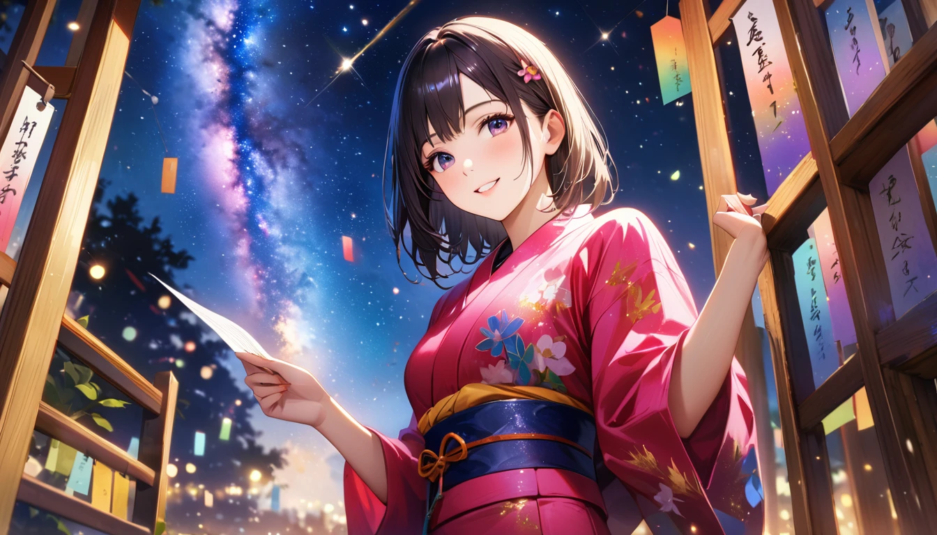 Tanabata,night, milky way,Yukata, Hold a paper strip in one hand,Looking at the sky,Blur the background,high school girl,smile,Glitter effect,Highest quality, 8K, High resolution, masterpiece:1.2, Very detailed, Realistic:1.37, High resolution, 超High resolution, Ultra-fine painting, Very detailed, Professional, Vibrant colors