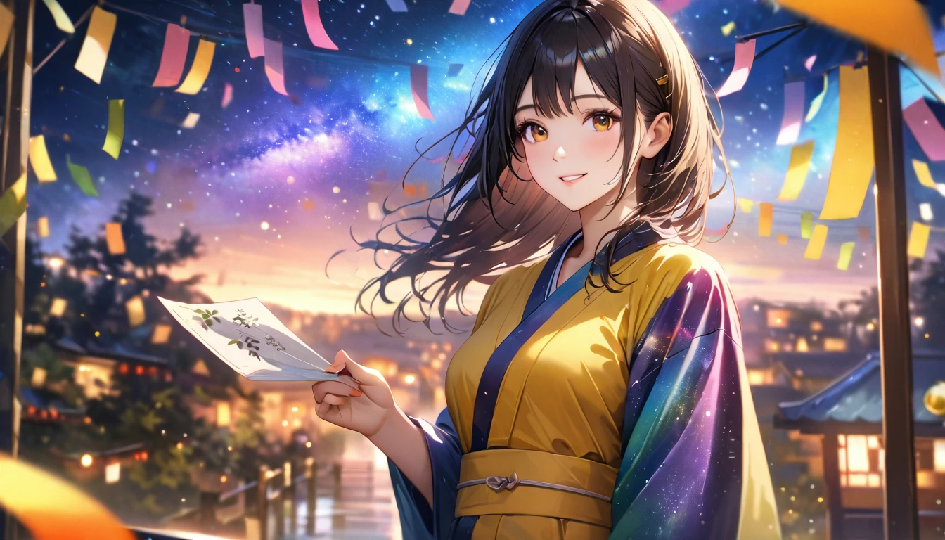 Tanabata,night, milky way,Yukata, Hold a paper strip in one hand,Looking at the sky,Blur the background,high school girl,smile,Glitter effect,Highest quality, 8K, High resolution, masterpiece:1.2, Very detailed, Realistic:1.37, High resolution, 超High resolution, Ultra-fine painting, Very detailed, Professional, Vibrant colors