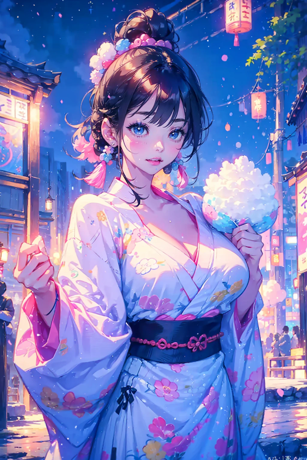 1girl,solo,cute,bigbreast,cleavage,yukata,perfect face,in summer festival,she has a cotton candy,night,