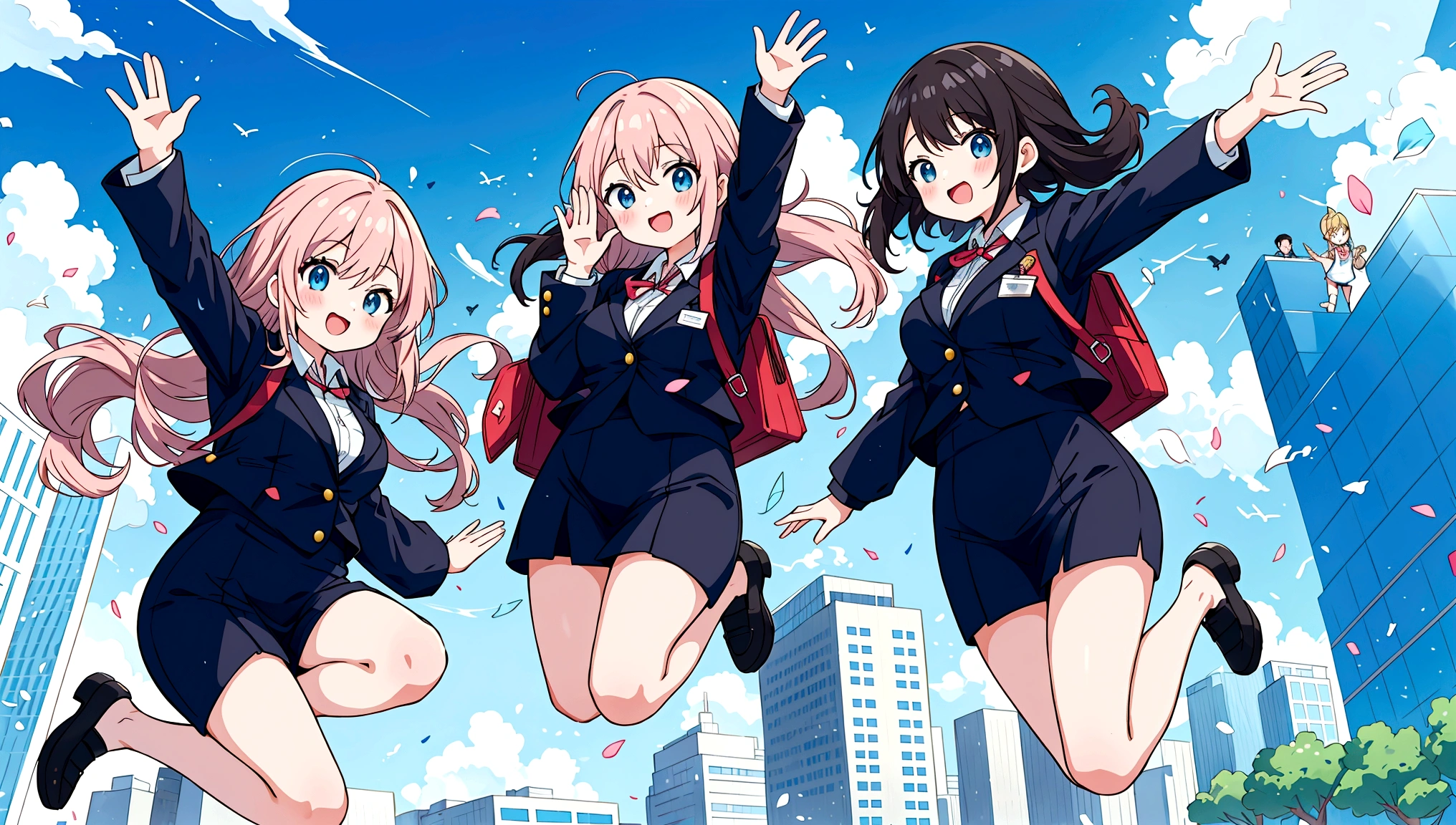 Anime style,A group of young bank employees,3 males,3 females,whole body,Waving happily,Run and jump,,Wearing work clothes,Background with high-rise buildings,Blue sky and white clouds,