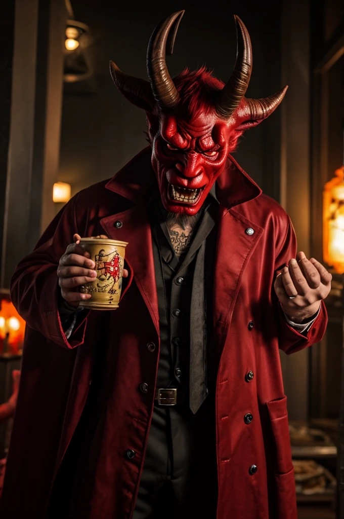 demon,Satan,A humanoid monster wearing a goat mask, 肥胖 撕裂 Satanic creature, Satan之身, Villain wearing red ghost mask, 撕裂 Satan, 罗恩·德桑蒂斯 饰 Satan, 有角的男性demon, Tom Waits as Hellboy, 全身demon人, Covered with red mucus, Felix Englund Style