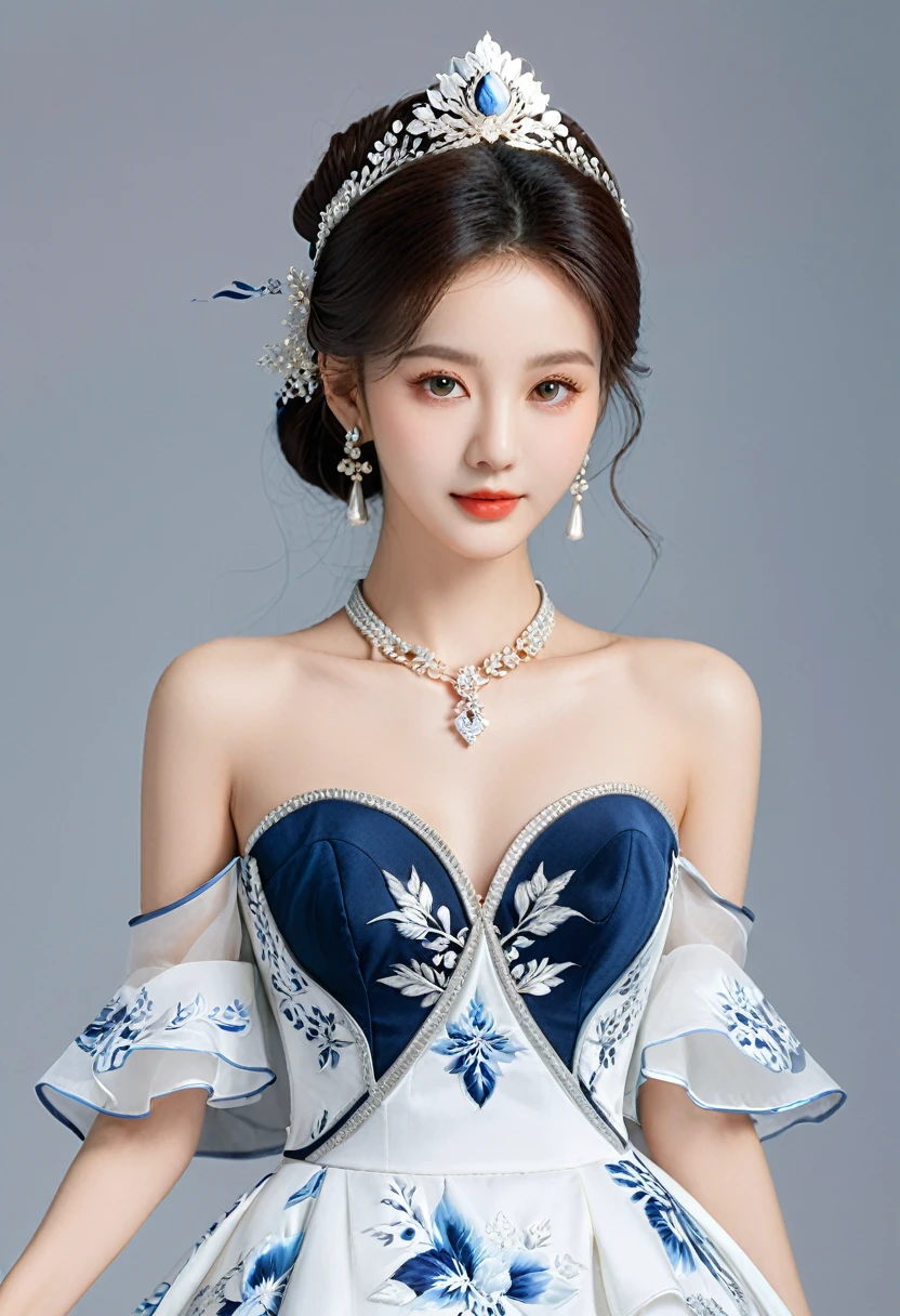 Realistic photo style, whole body 사진에 아름다운 아시아 소녀가 등장합니다., Wearing a unique ethnic style evening gown with delicate skin., bright and lively eyes, Thick eyelashes that look especially attractive. Long dresses are slim and elegant., Eye-catching silver jewelry and alcohol. The high-collar design adds an elegant atmosphere., Color of blue and white porcelain. using light and shadow, The vivid and harmonious appearance of the protagonist is highlighted... whole body, (masterpiece, best quality, professional, perfect composition, very aesthetic, absurd, very detailed, intricate details:1.3)
