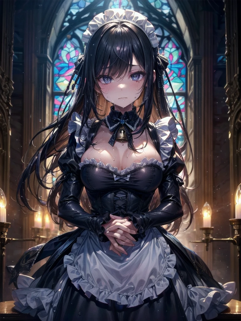 Always detailed face, Perfect lighting, Extremely detailed CG, (Perfect hands, Perfect Anatomy),Very detailed,　Long Hair Straight Hair、Dark Gothic Makeup、Dark smile、Restless Palace、Expression of sexual arousal、The beauty of fragrance、22 years old、liar、charm、Embarrassed look、Dark Gothic、Maid clothes、Bell Sleeves、Wizard Sleeve、Obscene language、Stained Glass Background、Tabletop、Highest quality、Sweat glistens on my chest、Drunk face、Maid clothes不思議な、Noble、Gothic Fashion、The body is wet and shiny、I&#39;m sweating a lot、Large Breast Size、Loving smile、Twin tail hair、Platinum Blonde Hair、Jet black frill skirt、Shadow、Gothic bed covered with roses、Transcendental Enchantment is temporarily disabled、A pause in crawling、charm的な脚、Knee-high socks、Thigh-high socks、lace trim bra, lace trim panties, Pink Lingerie, Lace-trimmed legwear, Black lace, Side tie panties, satin panties, garter belt, Good elevator, 　The whole body is covered in oil and has a glossy appearance.　Steam is coming out of my whole body　Steam like a sauna room fills the screen..　White breath from the mouth