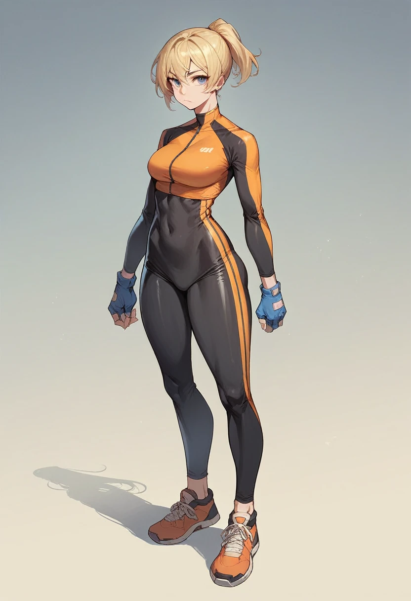1girl, orange bike jersey, black bike shorts, ((tight jersey)), ((tight long sleeves)), blonde hair, fingerless blue gloves, ((tight gloves)), full body, gloves, short hair, ponytail, standing, solo, looking at viewer