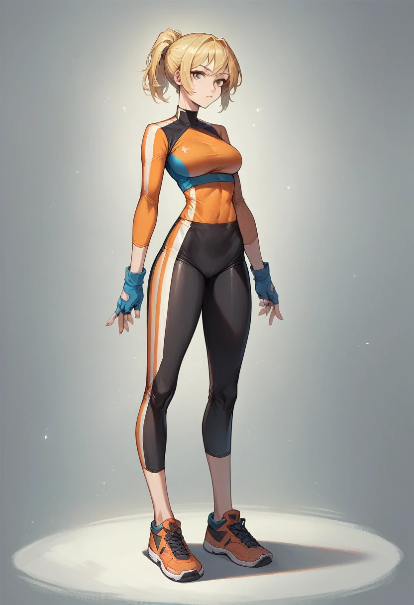 1girl, orange bike jersey, black bike shorts, ((tight jersey)), ((tight long sleeves)), blonde hair, fingerless blue gloves, ((tight gloves)), full body, gloves, short hair, ponytail, standing, solo, looking at viewer