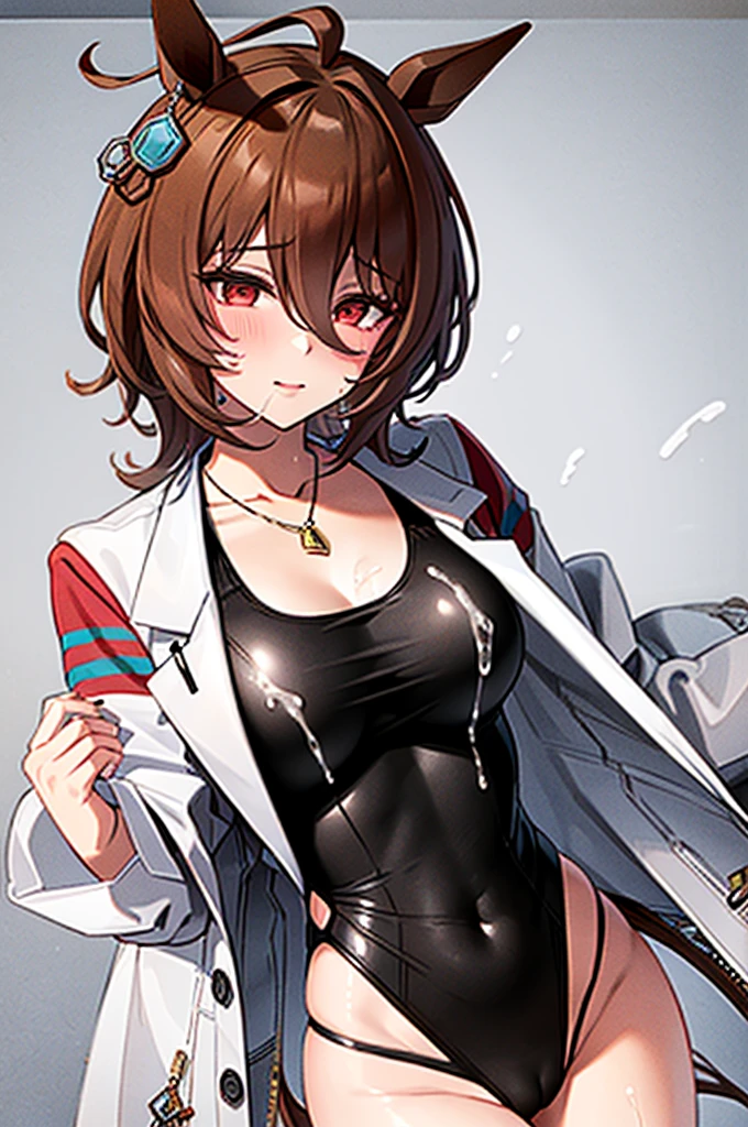 masterpiece, best quality, agens tachyon \(umamusume\), solo, cowboy shot, horse girl, horse tail, brown hair, red eyes, gray banded ribby one piece swimsuit with side cutout, 1girl, solo, jewelry, necklace, one-piece swimsuit, swimsuit, Swimsuit with wide open chest, head out of frame, brown hair, Wide pelvis, scrawny:1.7, Big breasts, Large breasts, Erect nipples, Vagina line, Cameltoe, swimsuit, beautiful face, Full body standing, (Semen overflowing from the cleavage), (((A large amount of semen attached to the whole body))), ((Take off Labcoat)), ((Undressing labcoat), Get blush, stooped posture, Bewitching look, bewitching face,
