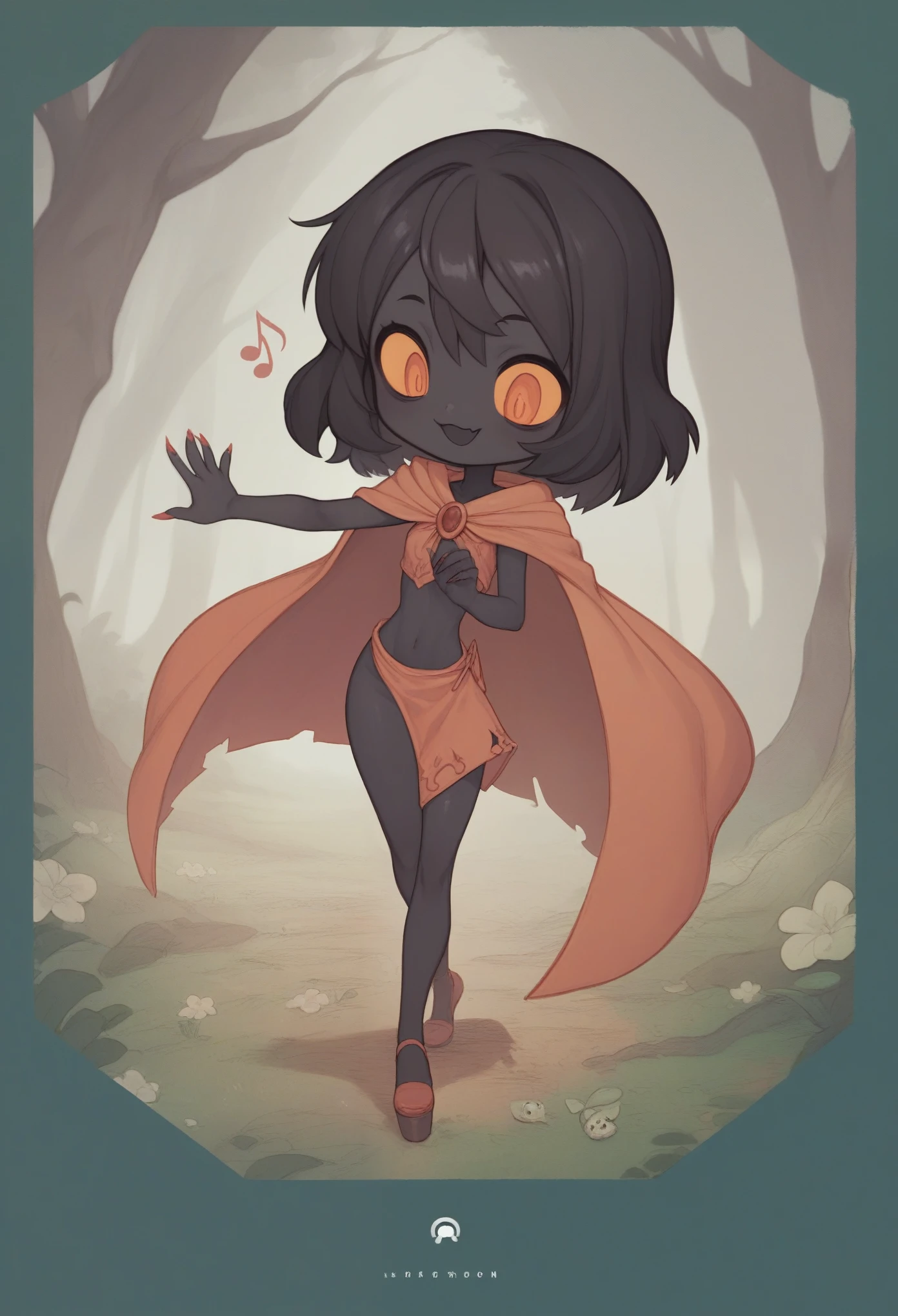score_9, score_8_up, score_7_up, score_6_up, score_5_up, score_4_up, cute devil girl dancing, evil smiles, (dancing),music notes, (big trees in the forest), cute horror fantasy, disney-style horror effects,pure black skin,chibi,long nail,orange eyes,hair,looking down, cloak\(cute patterned,thick cloth\),picture-book style,pastel color