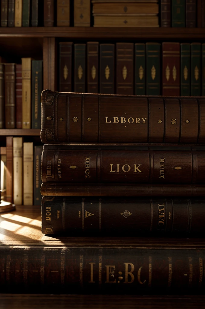 Photorealistic quality. high detail. An old volume of a closed book lies on a table in the library.. soft light. Top side view. Background - shelves with books