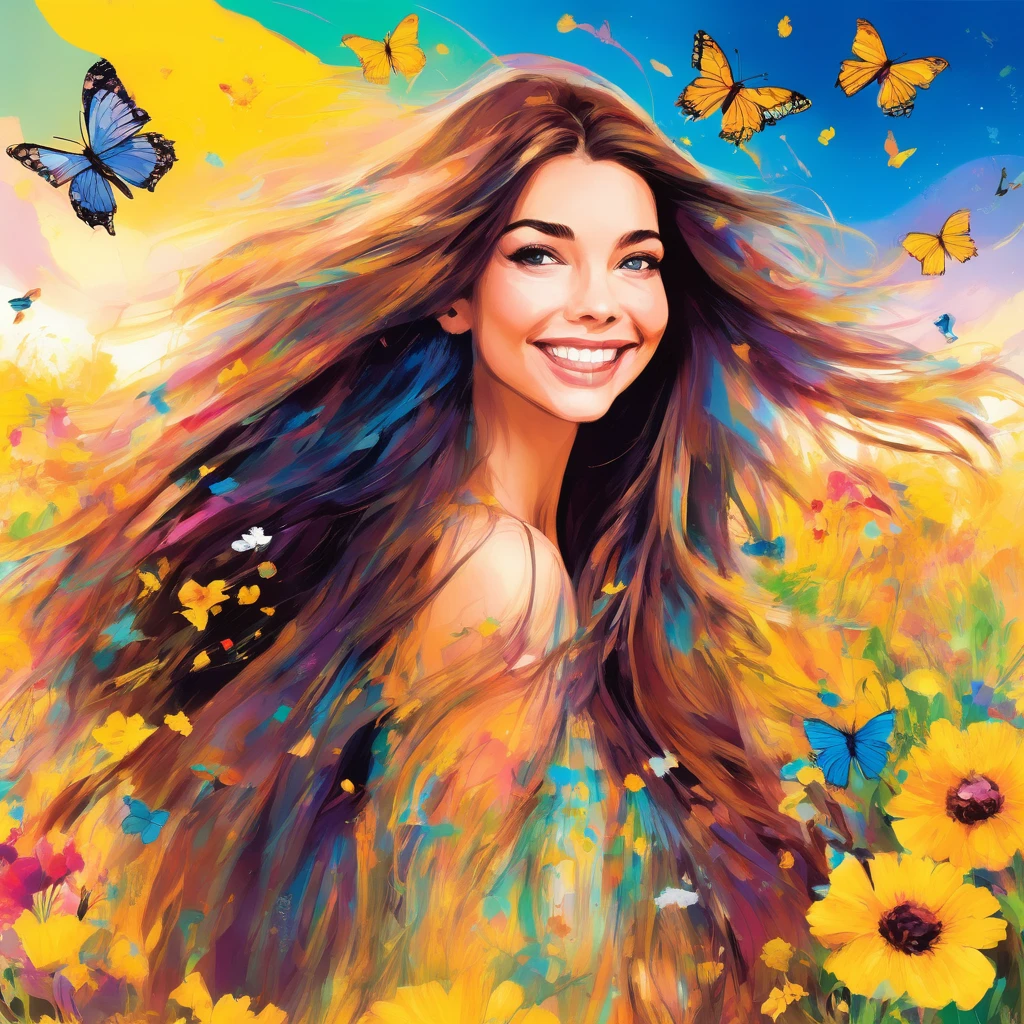 The aesthetics of digital art, with precise lines and a smooth gradient (a brunette with long hair, a playful smile and squinted eyes), intricate details, vivid colors, semi-realistic but idealized pastel colors, with yellow flowers in a field, whimsical and srene with butterflies fluttering around the person, add a whimsical touch. In the style of Thorgal comics with drawings by Grzegorz Rosinski.