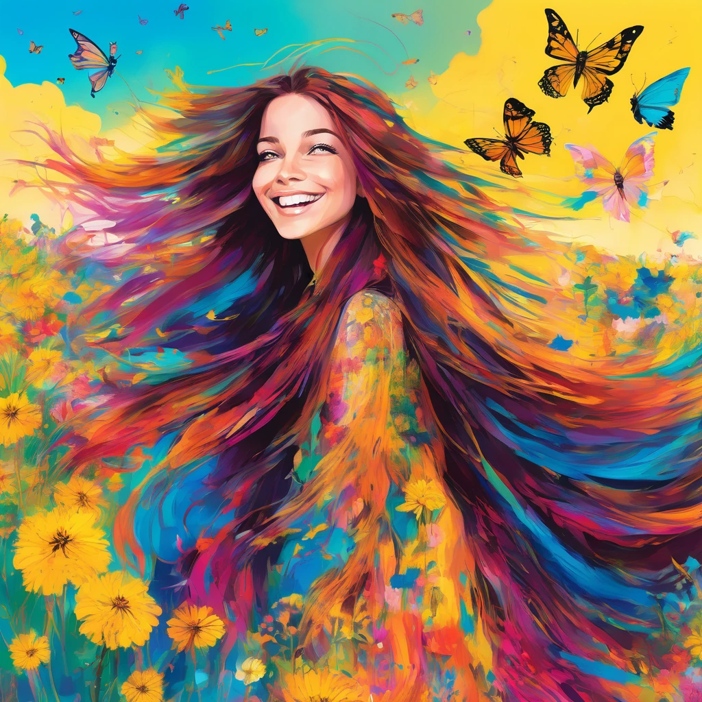 The aesthetics of digital art, with precise lines and a smooth gradient (a brunette with long hair, a playful smile and squinted eyes), intricate details, vivid colors, semi-realistic but idealized pastel colors, with yellow flowers in a field, whimsical and srene with butterflies fluttering around the person, add a whimsical touch. In the style of Thorgal comics with drawings by Grzegorz Rosinski.