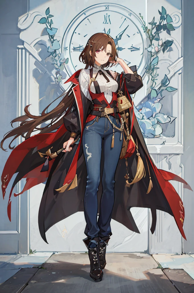 A tomboyish young man, slim, is depicted in full-length view. He is wearing a burgundy shirt, a black tie, jeans, and accessorized with a plethora of jewelry. His attire is adorned with intricate details, and he is clad in black sneakers.
The character's concept art features several poses and facial expressions. A list of characters is provided, including character drawings from the front, back, and side perspectives. The same character is depicted multiple times throughout the piece.
In the background, there are several faces depicted, each with brown hair, either in a pixie cut or shaggy style. The eyebrows are neat and brown, and the eyes are large and blue. The nose is smooth and of Greek origin. The artwork is of high quality, with super-detailed renderings. The eyes are particularly beautiful and have a cute style.
The face is clean and tidy, with five perfect fingers. The background includes inscriptions and text, adding to the overall aesthetic of the piece.