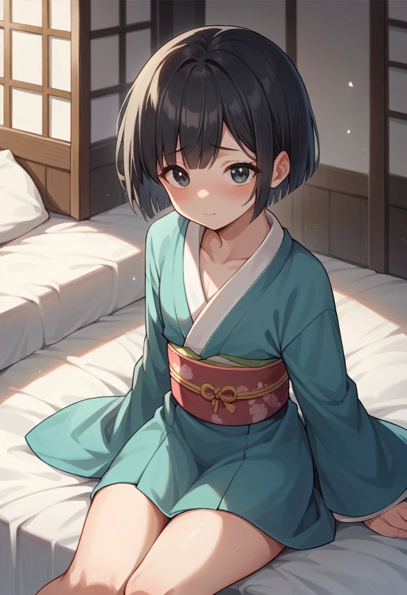 (masterpiece),(Highest quality),sexy,kimono,Clothes falling apart,Black Hair,Short Bob,Bangs,crossdresser,cute,blush,Watery eye,Iris,Bed in your room,seat