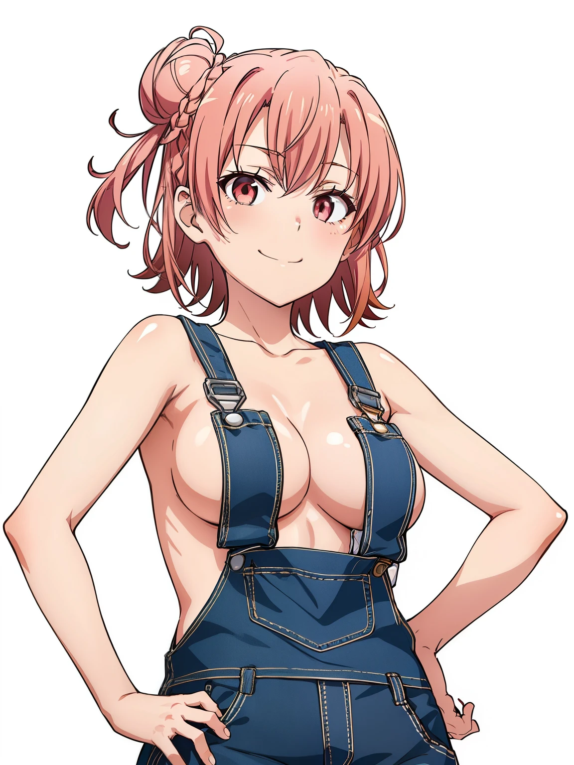 ((masutepiece, Best Quality, hight resolution, nffsw, Perfect Pixel, depth of fields, 4K, )), 1girl in, Solo, , Beautiful anime girl, Beautiful Art Style, close up, Looking at Viewer, Perfect body, Yuigahama Yui, Short hair, pink hair, hairbun, hair braid, (large boob), smiling, wink, winking, one eye open, shirtless with overalls, hands on hips, blank white background, shot from below