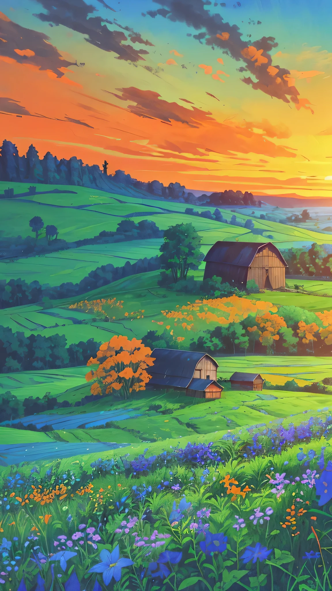 Farm land scenery filled with blue wild flowers, green trees and beautiful orange sky and barn with blue roof