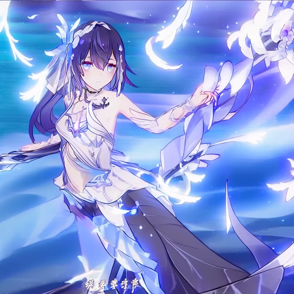 ((A long shot)) of a black haired anime teen girl, (sitting near a (river), ((strong sunlight)), cinematic light, slim body, skin is perfectly healthy, soft, and smooth, Extremely delicate and beautiful CG illustration, best quality, high resolution, dynamic angle, full-length lens, (1 girl), floating, soft light, high-key lighting), glowing light, blue halo, feathers fluttering background, blue crystal, (((wearing nothing but a white (pure) (transparent) tank top))), ((very cinematic))