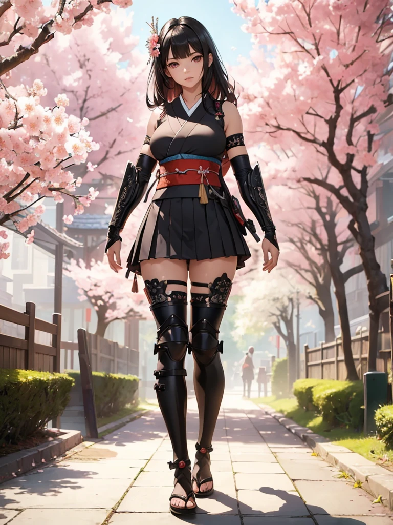 ((1girl, solo)), ((mature female)), beautiful body, (perfect anatomy, perfect body, perfect hands, perfect legs), (five fingers:1.5), natural proportions, sexy body, (((large breasts))), cowboy shot BREAK
((extremely detailed face)), (beautiful detailed eyes:1.6), (realistic pupils, realistic iris:1), expressive eyes, looking at viewer, (clear eyes:1.3), (hyperrealistic:1.2), (detailed skin texture:1.2), smooth skin, (black hair:1.5), (straight hair:1.5), (red eyes:1.3), long hair, (((bangs))), ((blunt bangs)), hair ornament, hair flower, (detailed lips:1.2), (attractive lips:1.1), (glossy lips:1.1), (parted lips), perfect face, perfect eyes, seductive look BREAK
Samurai, japanese clothes, (short kimono:1.5), sleeveless, elbow gloves, (arm guard:1.5), (micro mini skirt:1.5), pleated skirt, black skirt, zettai ryouiki, thighs, black thighhighs, (greaves:1.3), skindentation, tassel, shimenawa BREAK
Outdoors, day, (spring:1.3), (((cherry blossoms))), nature, ((trees)), forest, (((ancient japan))), medieval fantasy BREAK
(masterpiece:1.5), anime-style, top quality, best quality, (beautiful and aesthetic:1.2), (ultra detail:1.5), Ultra-detailed depiction, Ultra-precise depiction, extremely detailed 8k illustration, high resolution, (highly detailed shading:1.2), (realistic lighting:1.4), perfect lighting, vibrant colors, dynamic tones, striking hues, 8k, absurd resolution, perfect shadows, hdr, UHD, ambient lighting, realistic, ultra-realistic, photo realistic, highly detailed, rich detail, luminous colors, fine texture, intricate design, professional illustration, (soft light:1.2), (illustration:0.7)