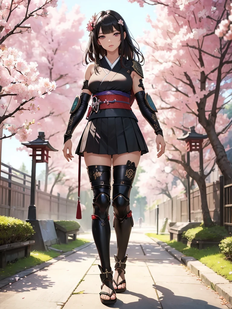 ((1girl, solo)), ((mature female)), beautiful body, (perfect anatomy, perfect body, perfect hands, perfect legs), (five fingers:1.5), natural proportions, sexy body, (((large breasts))), cowboy shot BREAK
((extremely detailed face)), (beautiful detailed eyes:1.6), (realistic pupils, realistic iris:1), expressive eyes, looking at viewer, (clear eyes:1.3), (hyperrealistic:1.2), (detailed skin texture:1.2), smooth skin, (black hair:1.5), (straight hair:1.5), (red eyes:1.3), long hair, (((bangs))), ((blunt bangs)), hair ornament, hair flower, (detailed lips:1.2), (attractive lips:1.1), (glossy lips:1.1), (parted lips), perfect face, perfect eyes, seductive look BREAK
Samurai, japanese clothes, (short kimono:1.5), sleeveless, elbow gloves, (arm guard:1.5), (micro mini skirt:1.5), pleated skirt, black skirt, zettai ryouiki, thighs, black thighhighs, (greaves:1.3), skindentation, tassel, shimenawa BREAK
Outdoors, day, (spring:1.3), (((cherry blossoms))), nature, ((trees)), forest, (((ancient japan))), medieval fantasy BREAK
(masterpiece:1.5), anime-style, top quality, best quality, (beautiful and aesthetic:1.2), (ultra detail:1.5), Ultra-detailed depiction, Ultra-precise depiction, extremely detailed 8k illustration, high resolution, (highly detailed shading:1.2), (realistic lighting:1.4), perfect lighting, vibrant colors, dynamic tones, striking hues, 8k, absurd resolution, perfect shadows, hdr, UHD, ambient lighting, realistic, ultra-realistic, photo realistic, highly detailed, rich detail, luminous colors, fine texture, intricate design, professional illustration, (soft light:1.2), (illustration:0.7)