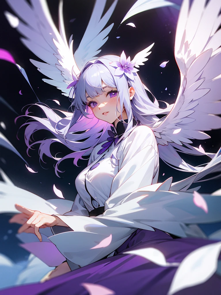 Tarako lips, purple eyes, silver long hair, polar bear costume, white wings, flower petals