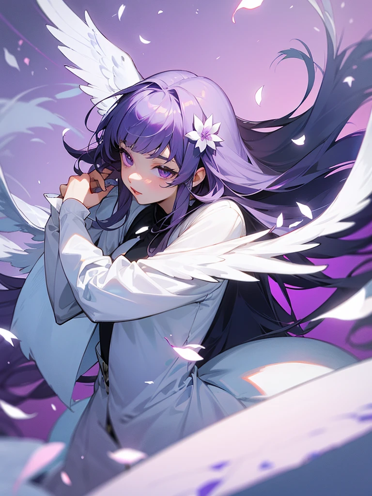 Tarako lips, purple eyes, silver long hair, polar bear costume, white wings, flower petals