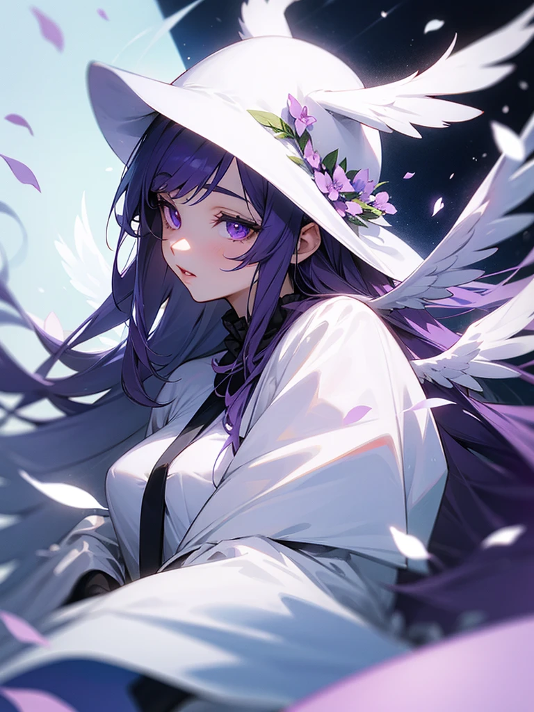 Tarako lips, purple eyes, silver long hair, polar bear costume, white wings, flower petals