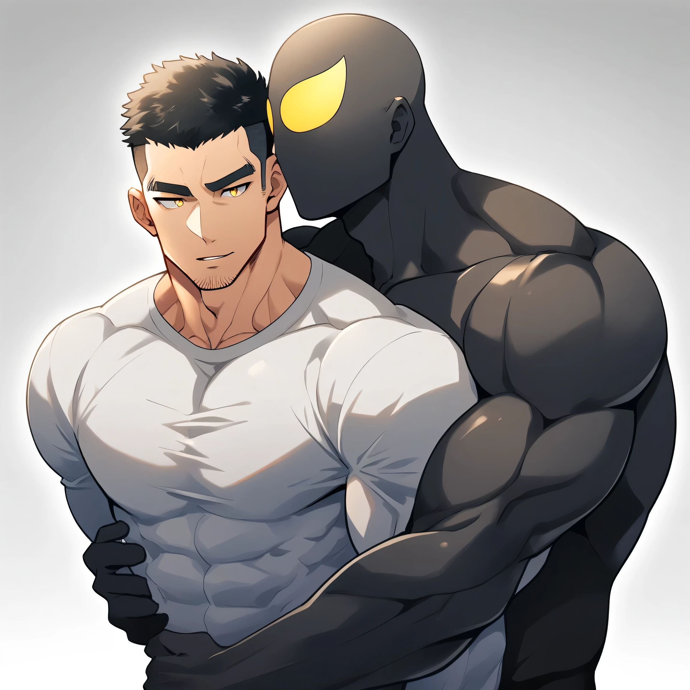anime characters:Two superheroes in tights, Muscle Sports Student and Muscle No Face skinhead superhero, No Face,negro black skin, They hugged and kissed each other, Bite your neck, Caress, Manliness, male focus, Yellow and black high collar long sleeve tight T-shirt, Slightly transparent material, Very tight, Round, full and perky chest muscles, Muscle waist, Slightly transparent, muscular male, muscular, only, Upper body, alone, Black short hair, Thick eyebrows, stubble, Yellow eyes, Grey background, simple background, amazing quality, best aesthetics, Ridiculous, bright pupils, crew cut, parted lips, seductive smile, torogao, naughty face, drop shadow, best quality