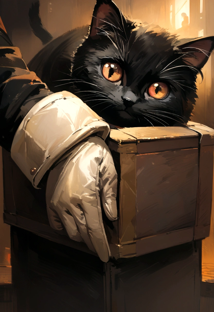 Heavy oil painting, Rembrandt van Rijn, Close-up of a cute black cat wearing box gloves, In the ring, Atmospheric setting