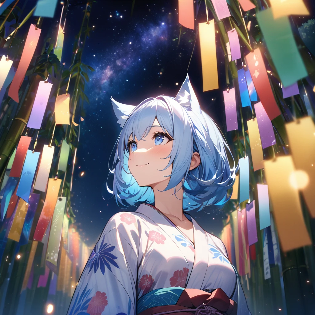 Best quality, masterpiece, Wishing Girl,light blue hair,blue eyes,wolf cut hair,cat ear,smile, looking up at the sky, yukata, Milky Way, night view, Tanabata Festival, large tall bamboos and colorful hanging decoration,gold light particles effect